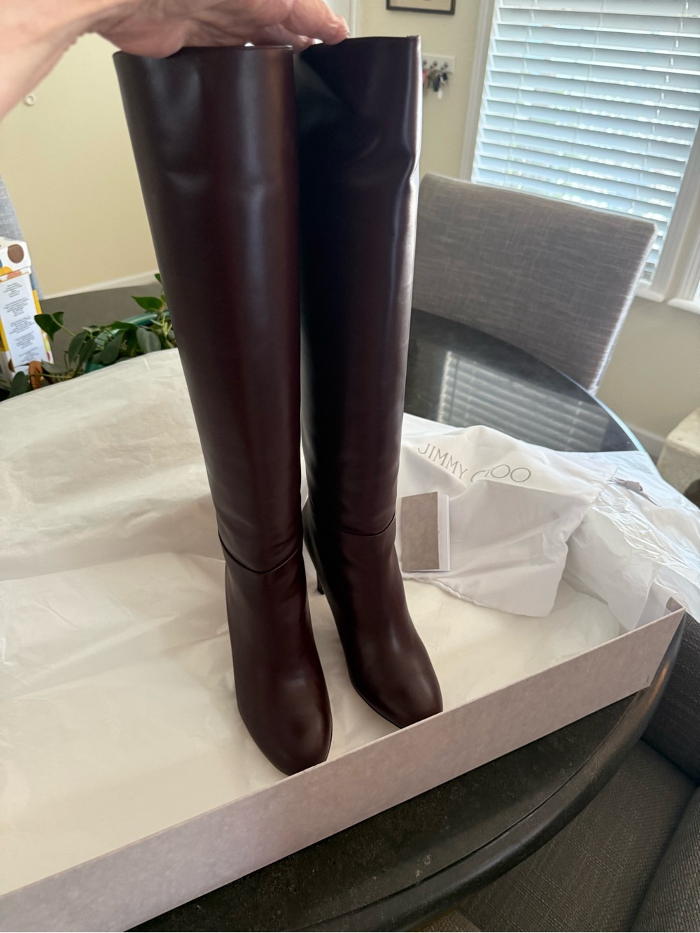 Jimmy Choo Burgundy Brown Leather Knee-High Heeled Boots - Picture 6 of 9